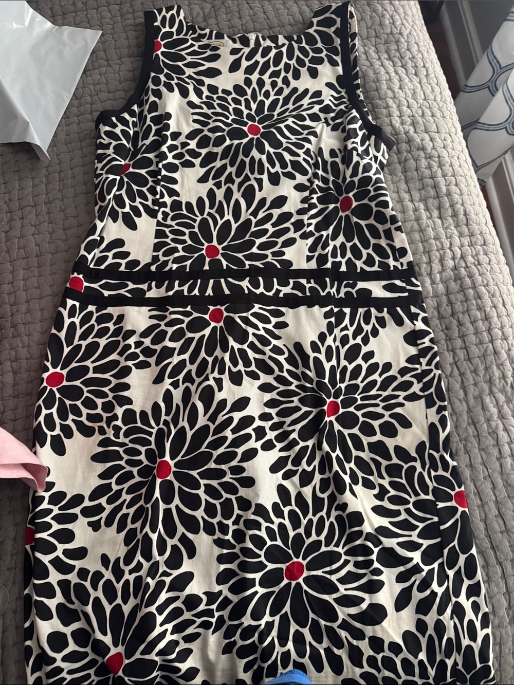 Talbots Black & White Floral Sheath Dress with Red Accents